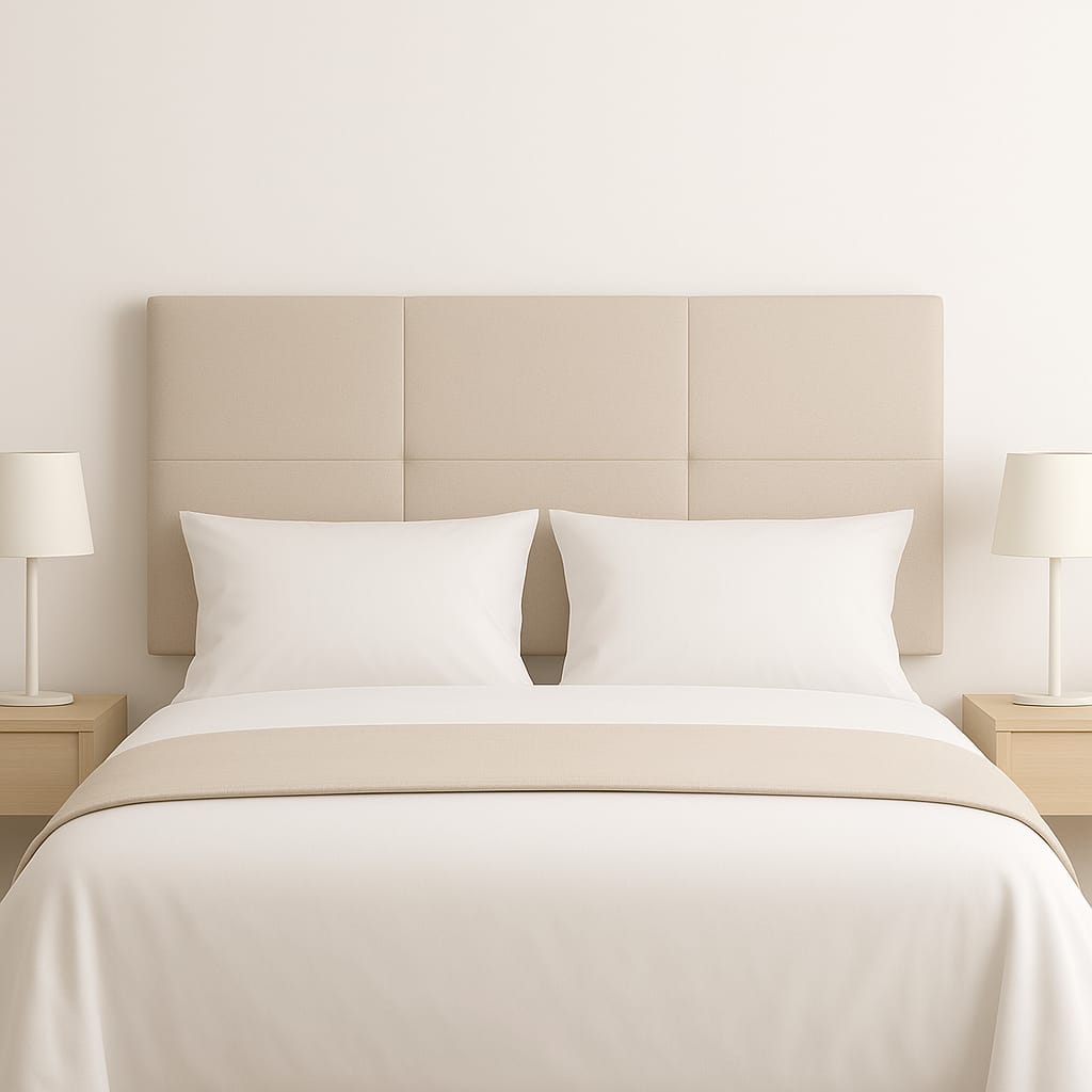 Cabecero Cádiz tapizado en polipiel Azahar 04 en dormitorio decorado moderno