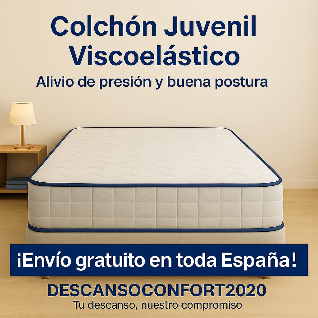 Colchón juvenil viscoelástico en dormitorio moderno con mensaje de envío gratuito en España