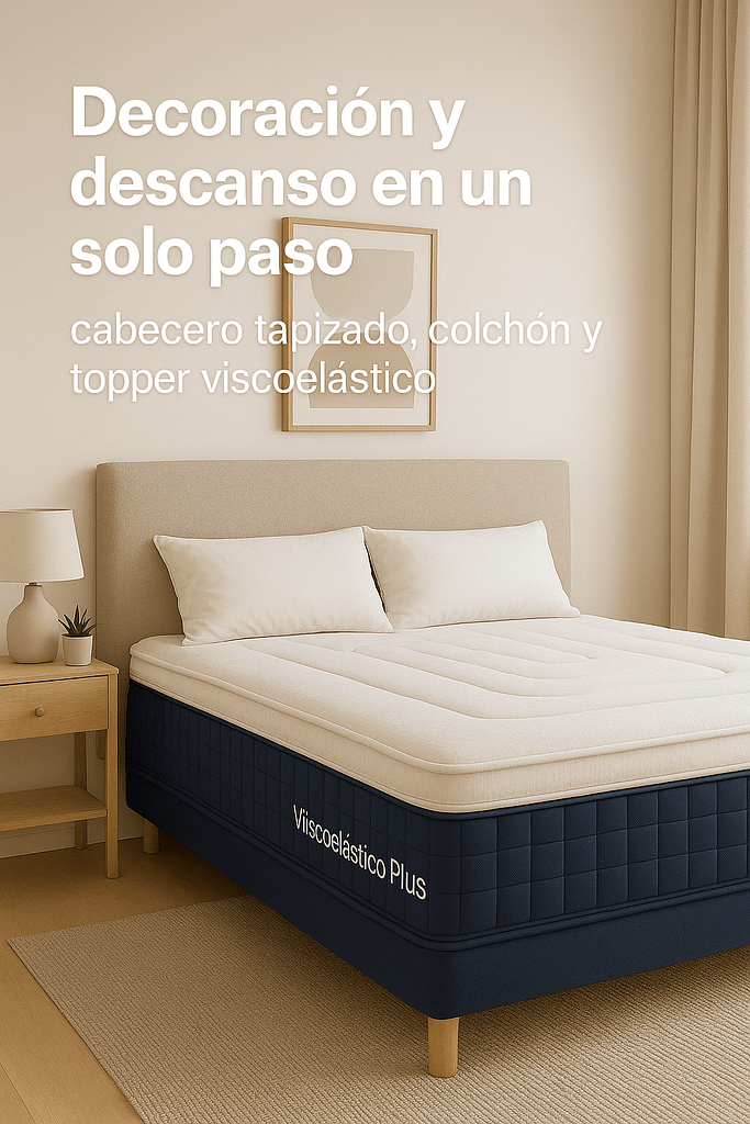 Dormitorio moderno con cabecero tapizado, colchón viscoelástico Plus Confort y topper viscoelástico Aloe Vera en tonos neutros
