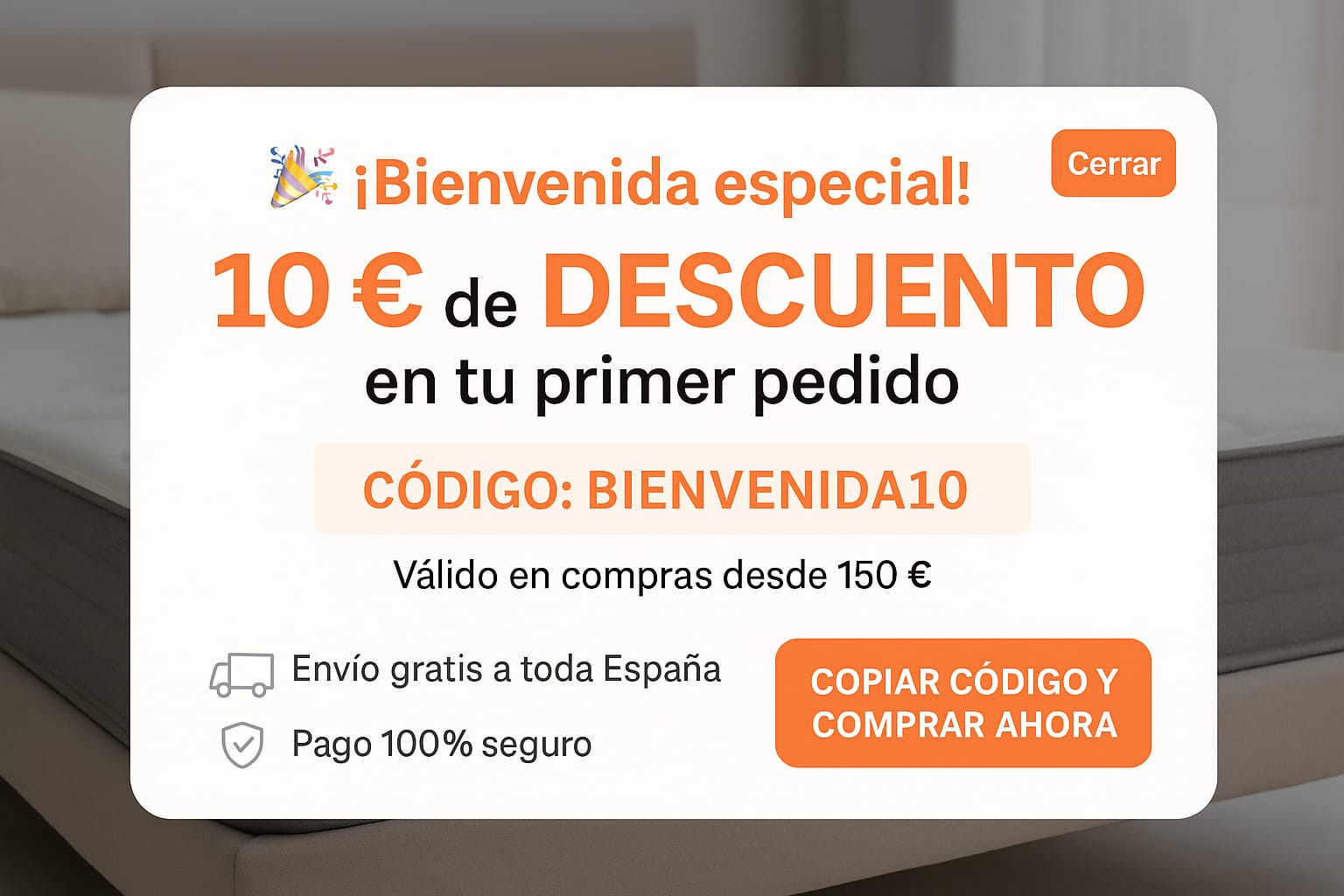 Imagen promocional de descuento de 10 euros para el primer pedido en DescansoConfort2020